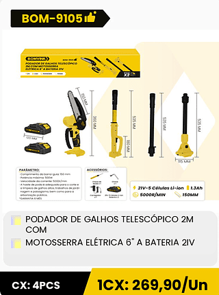 PODADOR DE GALHOS TELESCÓPICO 2M COM MOTOSSERRA ELETRICA 6" A BATERIA 2IV CX: 4PCS 1CX: 269,90/Un