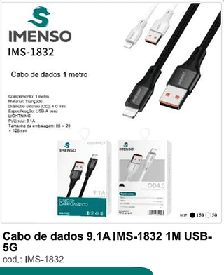 Cabo de dados 9.1A 1M USB-5G 200PC/CX R$5,4