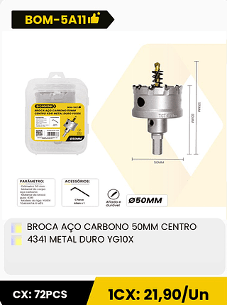 BROCA AÇO CARBONO 50MM CENTRO 4341 METAL DURO YGI0X CX: 72PCS 1CX: 21,90/Un