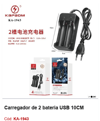 Carregador de 2 bateria USB 10CM R$ 8,55 PCS/Cx: 200