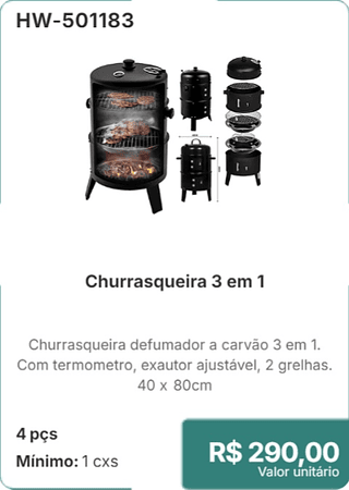 Churrasqueira 3 em 1 4 pçs R$ 290,00