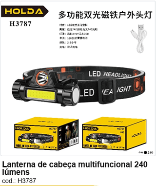 Lanterna de cabeça multifuncional 240 lúmens R$ 7,2 PC/CX:240