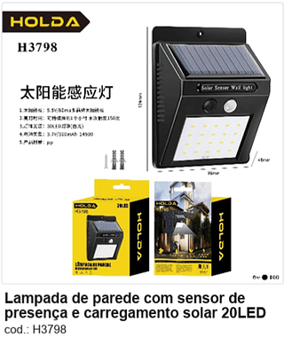 Lampada de parede com sensor de presença e carregamento solar 20LED R$ 11,25 PC/CX:100