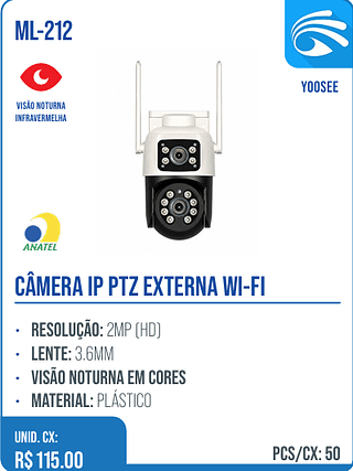 CÂMERA IP PTZ EXTERNA WI-FI UNID. CX: R$ 115.00 PCS/CX: 50