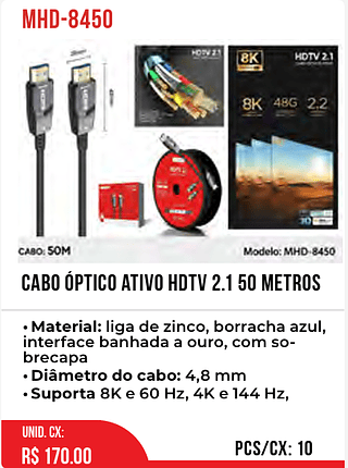 CABO ÓPTICO ATIVO HDTV 2.1 50 metros 10pç=170$