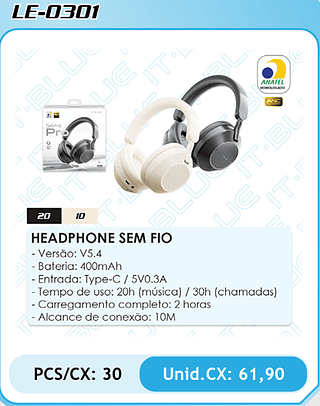 HEADPHONE SEM FIO - Versão: V5.4 - Bateria: 400mAh - Entrada: Type-C / 5V0.3A - Tempo de uso: 20h (música) / 30h (chamadas) - Carregamento completo: 2 horas - Alcance de conexão: 10M PCS/CX: 30 Unid.CX: 61,90
