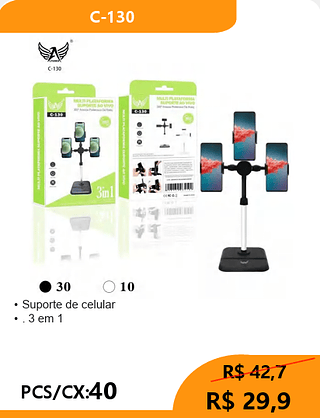 Suporte de celular 3 em 1 PCS/CX:40 R$ 29,9