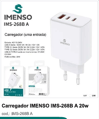 Carregador IMENSO 20w 100PC/CX R$16,2