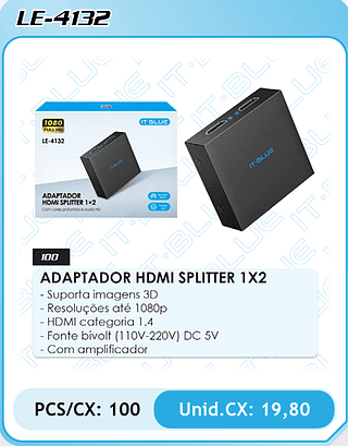 ADAPTADOR HDMI SPLITTER 1X2 PCS/CX: 100 Unid.CX: 19,80