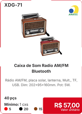 Caixa de Som Radio AM/FM Bluetooth 40 pçs R$ 57.00
