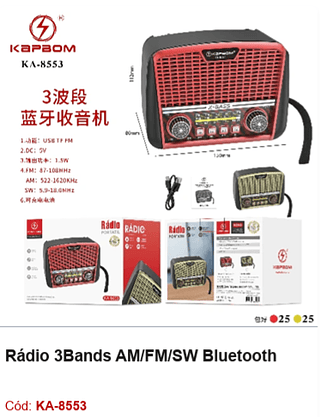 Rádio 3Bands AM/FM/SW Bluetooth R$40,5 PCS/CX:50