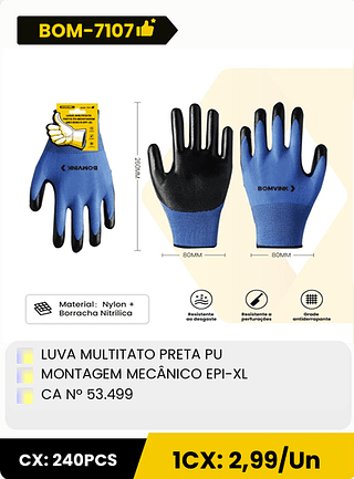 LUVA MULTITATO PRETA PU MONTAGEM MECÂNICO EPI-XL CA N° 53.499 CX: 240PCS ICX: 2,99/Un