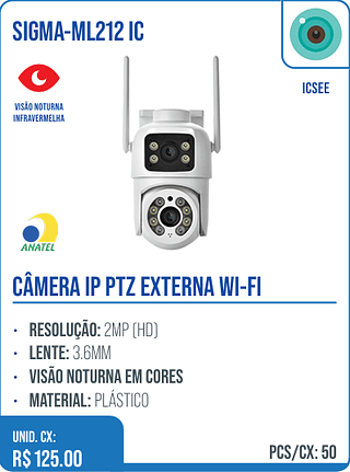 CÂMERA IP PTZ EXTERNA WI-FI UNID. CX: R$ 125.00 PCS/CX: 50