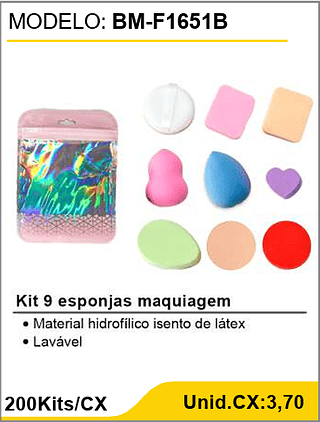 Kit 9 esponjas maquiagem 200Kits/CX Unid.CX:3,70