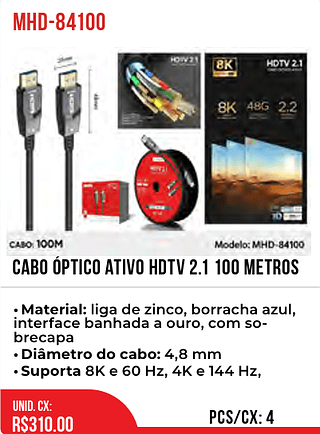 CABO ÓPTICO ATIVO HDTV 2.1 100 metros 4pç=310$