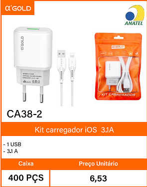 Kit carregador iOS3.1A - Caixa 400 PCS Preco Unitario 6,53