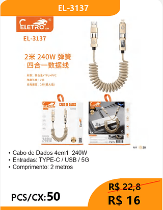 Cabo de Dados 4 em 1 PCS/CX:50 R$16