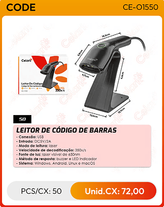 LEITOR DE CÓDIGO DE BARRAS PCS/CX: 50 Unid.CX: 72,00