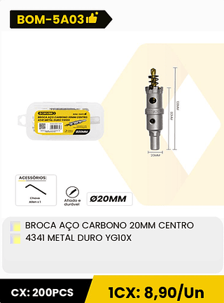 BROCA AÇO CARBONO 20MM CENTRO 4341 METAL DURO YGIOX CX: 200PCS 1CX: 8,90/Un