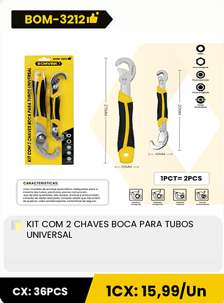 KIT COM 2 CHAVES BOCA PARA TUBOS UNIVERSAL CX: 36PCS 1CX: 15,99/Un