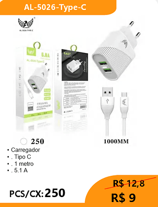 Carregador TIPO-C PCS/CX:250 R$9