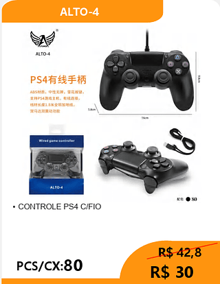 CONTROLE PS4 C/FIO PCS/CX:80 R$ 30