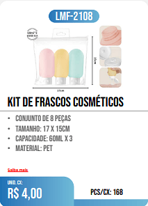 kit de frascos cosméticos PCS/CX: 168 UNID. CX: r$ 4,00