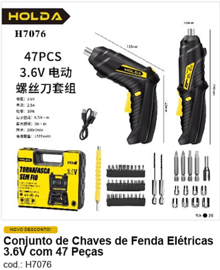 Conjunto de Chaves de Fenda Elétricas 3.6V com 47 Peças R$ 31,5 PC/CX:20