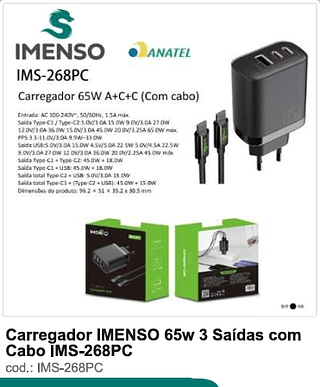Carregador IMENSO 65w 3 Saídas com Cabo 100PC/CX R$33,3