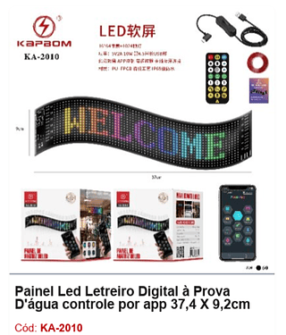 Painel Led Letreiro Digital à Prova D'água controle por app 37,4 X 9,2cm R$ 65,7 PCS/CX: 60