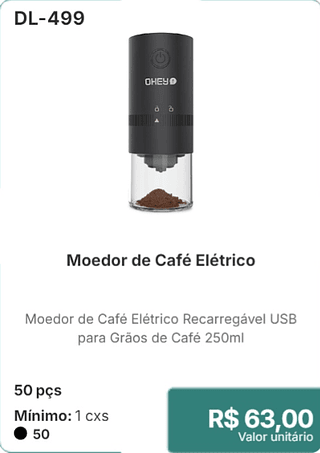 Moedor de Cafe Elétrico 50 pçs R$ 63,00