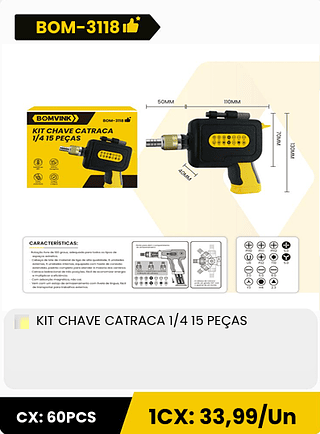 KIT CHAVE CATRACA 1/4 15 PEÇAS CX: 60PCS 1CX: 33,99/Un