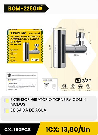 EXTENSOR GIRATÓRIO TORNEIRA COM 4 MODOS DE SAÍDA DE ÁGUA CX: 160PCS 1CX: 13,80/Un