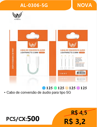 Cabo de conversão de áudio para tipo 5G PCS/CX:500 R$3,2
