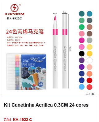 Kit Canetinha Acrílica 0.3CM 24 cores R$ 7,2 PCS/Cx: 80