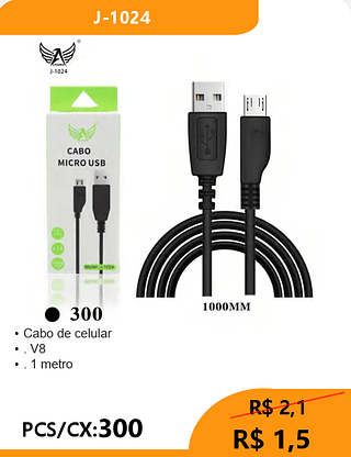 Cabo de celular V8 PCS/CX:300 R$ 1,5