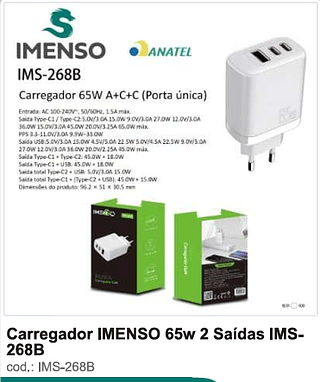 Carregador IMENSO 65w 2 Saídas 100PC/CX R$31,5