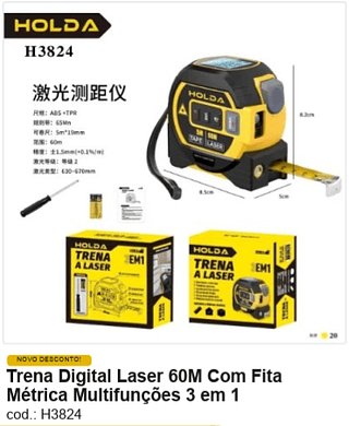 Trena Digital Laser 60M Com Fita Métrica Multifunções 3 em 1 R$ 124,2 PC/CX:20