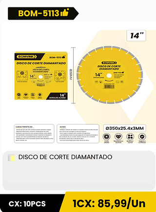DISCO DE CORTE DIAMANTADO CX: 10PCS 1CX: 85,99/Un