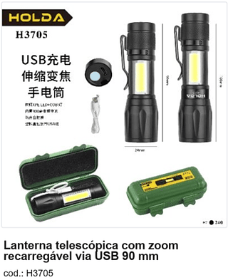 Lanterna telescópica com zoom recarregável via USB 90 mm R$ 7,2 PC/CX:240