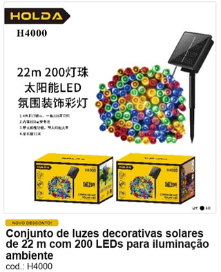 Conjunto de luzes decorativas solares de 22 m com 200 LEDs para iluminação ambiente R$ 28,8 PC/CX:40
