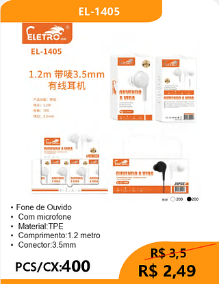 FONE DE OUVIDO PCS/CX:400 R$2,49