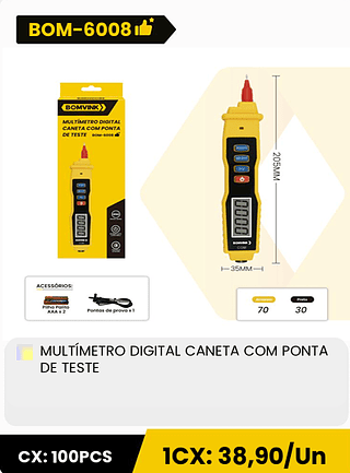 MULTÍMETRO DIGITAL CANETA COM PONTA DE TESTE CX: 100PCS ICX: 38,90/Un