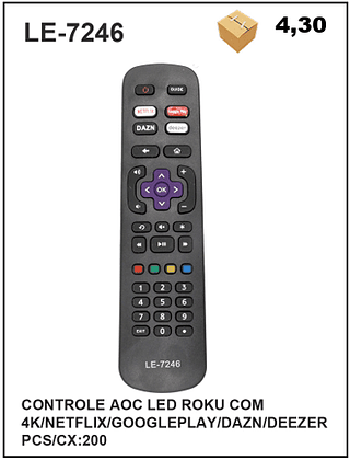 CONTROLE AOC LED ROKU COM 4K/NETFLIX/GOOGLEPLAY/DAZN/DEEZER 200pç=4,3$
