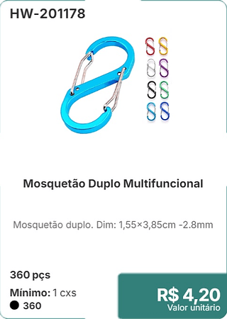 Mosquetão Duplo Multifuncional 360 pçs R$ 4.20
