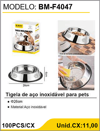 Tigela de aço inoxidável para pets 100PCS/CX Unid.CX:11,00