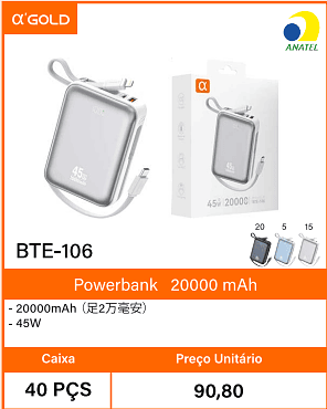 Powerbank20000 mAh Caixa 40 PCS Preco Unitario 90,80