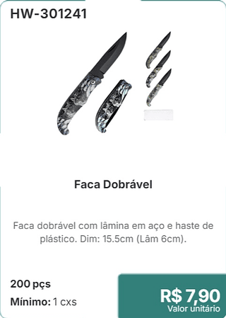 Faca Dobrável 200 pçs R$ 7,90