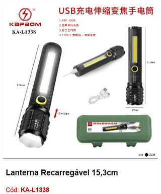 Lanterna Recarregável 15,3cm R$ 11,7 PCS/Cx: 240