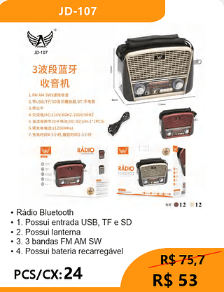 Rádio Bluetooth PCS/CX:24 R$53